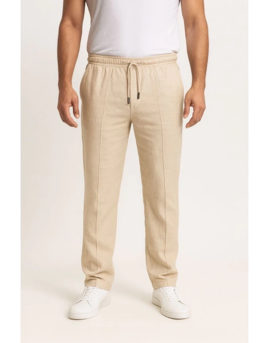 Erkek Keten Pantolon – Cepli, Beli Lastikli ve Bağcıklı, Nefes Alan Rahat Kalıp, Yazlık ve Baharlık Günlük Giyim, Şık & Konforlu Boru Paça Model - Bej