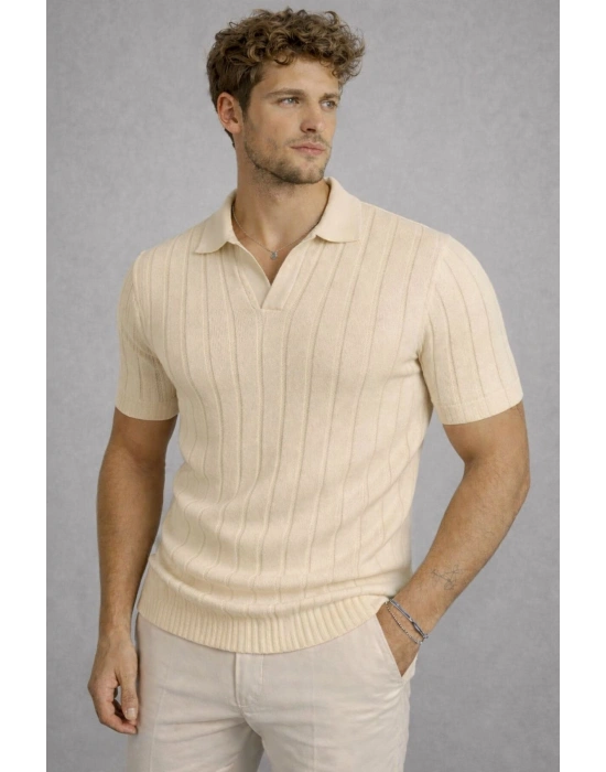 Erkek Kısa Kollu Polyemid Pamuk A Kalite Yazlık Tişört / Bej