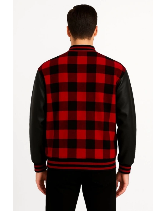 Erkek Kolej Ceket – Kareli Oduncu Kumaş, Kolları Suni Deri, Fermuarlı, İçi Kapitone Astarlı, Nakışlı Oversize Bahar & Kış Stil - Bordo