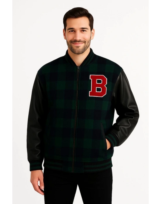 Erkek Kolej Ceket – Kareli Oduncu Kumaş, Kolları Suni Deri, Fermuarlı, İçi Kapitone Astarlı, Nakışlı Oversize Bahar & Kış Stil - Haki