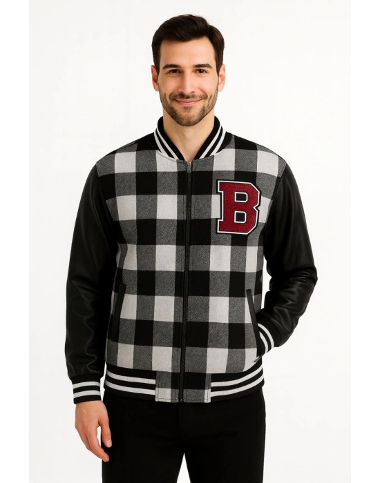 Erkek Kolej Ceket – Kareli Oduncu Kumaş, Kolları Suni Deri, Fermuarlı, İçi Kapitone Astarlı, Nakışlı Oversize Bahar & Kış Stil - Gri