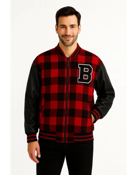 Erkek Kolej Ceket – Kareli Oduncu Kumaş, Kolları Suni Deri, Fermuarlı, İçi Kapitone Astarlı, Nakışlı Oversize Bahar & Kış Stil - Bordo