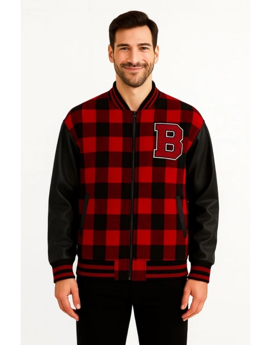 Erkek Kolej Ceket – Kareli Oduncu Kumaş, Kolları Suni Deri, Fermuarlı, İçi Kapitone Astarlı, Nakışlı Oversize Bahar & Kış Stil - Bordo