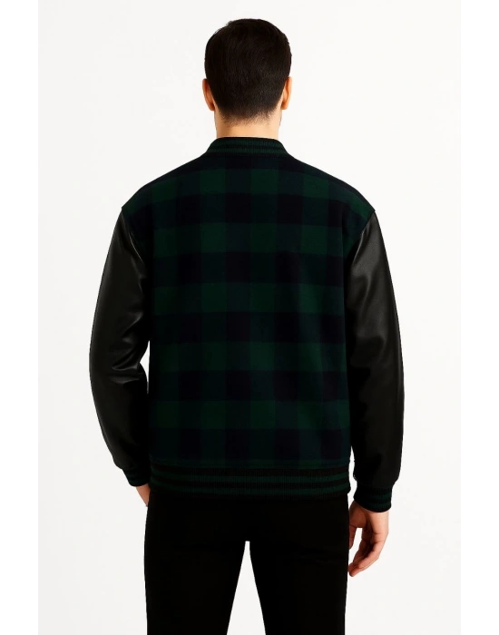 Erkek Kolej Ceket – Kareli Oduncu Kumaş, Kolları Suni Deri, Fermuarlı, İçi Kapitone Astarlı, Nakışlı Oversize Bahar & Kış Stil - Haki