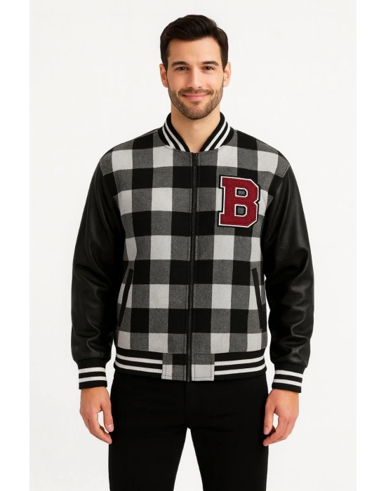 Erkek Kolej Ceket – Kareli Oduncu Kumaş, Kolları Suni Deri, Fermuarlı, İçi Kapitone Astarlı, Nakışlı Oversize Bahar & Kış Stil - Gri