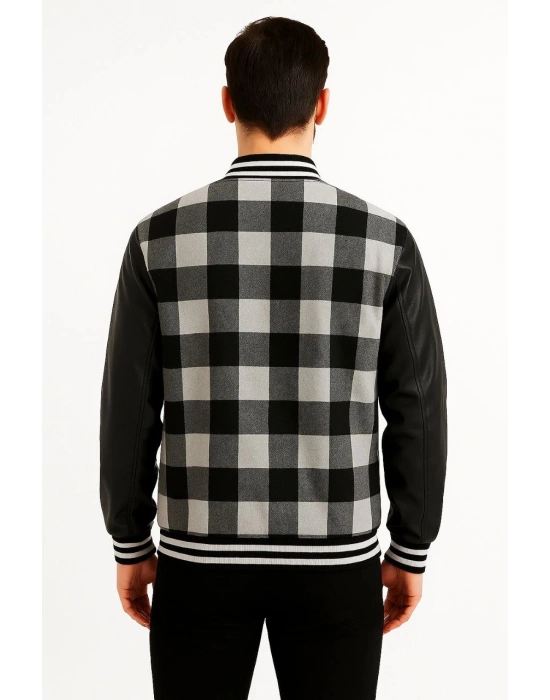 Erkek Kolej Ceket – Kareli Oduncu Kumaş, Kolları Suni Deri, Fermuarlı, İçi Kapitone Astarlı, Nakışlı Oversize Bahar & Kış Stil - Gri