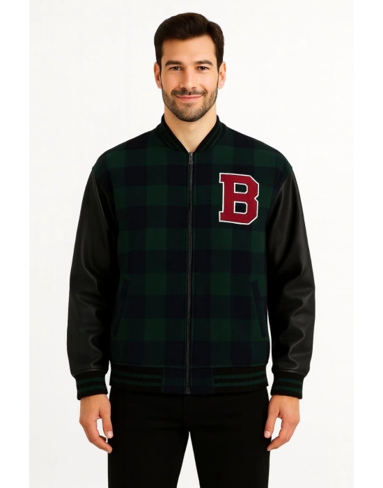 Erkek Kolej Ceket – Kareli Oduncu Kumaş, Kolları Suni Deri, Fermuarlı, İçi Kapitone Astarlı, Nakışlı Oversize Bahar & Kış Stil - Haki