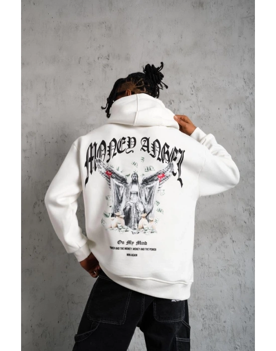 Erkek Kordon İpli Baskılı Kapüşonlu Sweatshirt - Beyaz