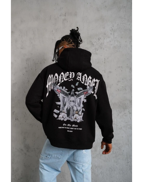 Erkek Kordon İpli Baskılı Kapüşonlu Sweatshirt - Siyah