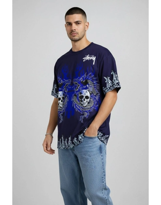 Erkek Lacivert Oversize Tişört Dragon & Kuru Kafa Baskılı Bisiklet Yaka Streetwear T-Shirt - Lacivert