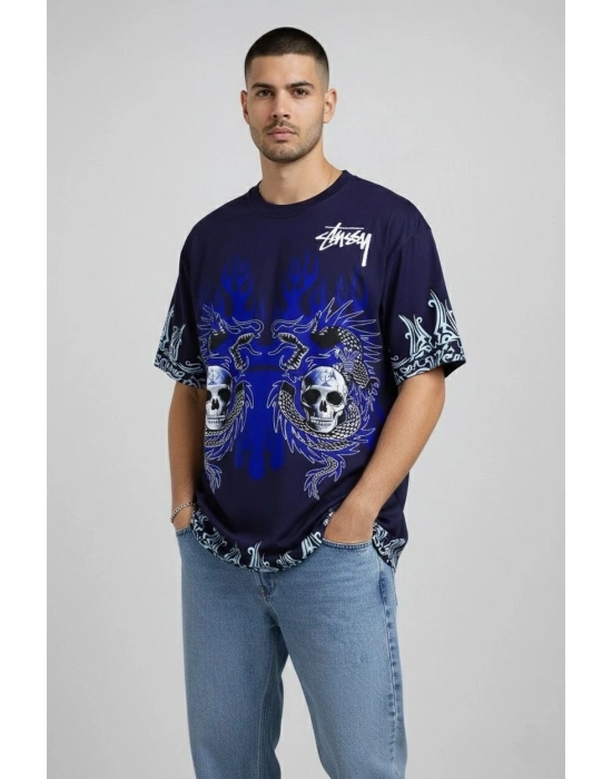 Erkek Lacivert Oversize Tişört Dragon & Kuru Kafa Baskılı Bisiklet Yaka Streetwear T-Shirt - Lacivert