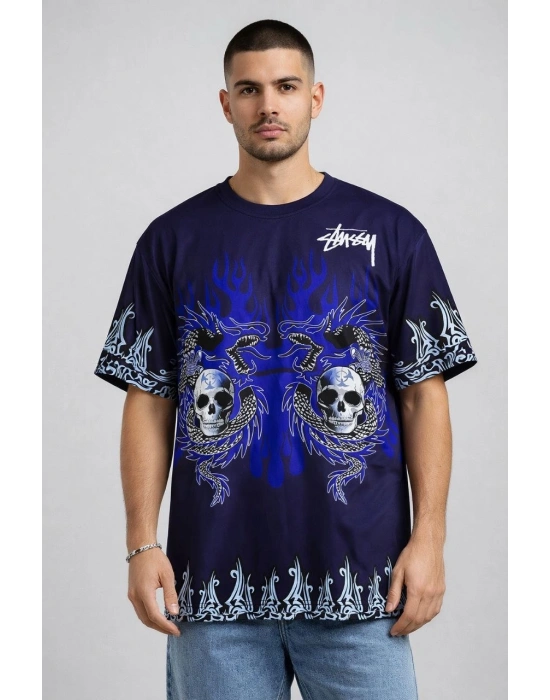 Erkek Lacivert Oversize Tişört Dragon & Kuru Kafa Baskılı Bisiklet Yaka Streetwear T-Shirt - Lacivert