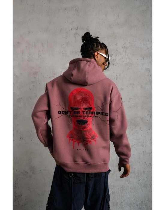 Erkek Maske Baskılı Kapüşonlu Sweat - Gül Kurusu