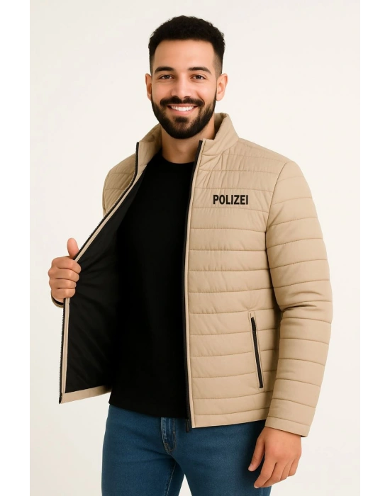 Erkek Mikro Su İtici Kapitone Baskılı Astarlı Fermuarlı Bomber Mont - Bej