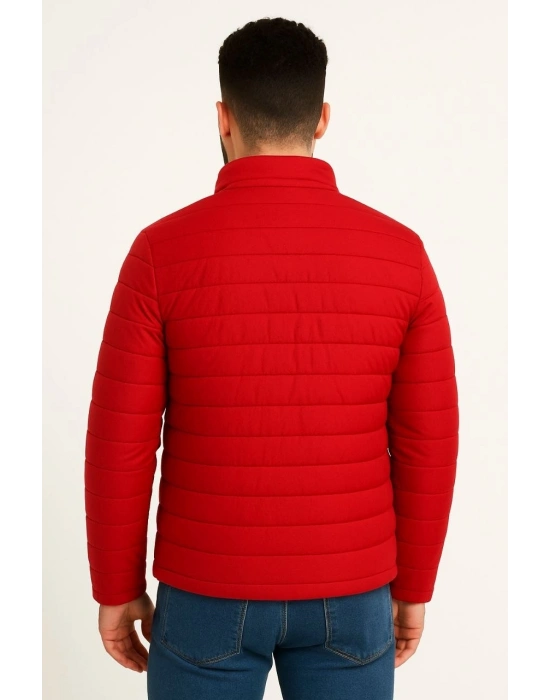 Erkek Mikro Su İtici Kapitone Baskılı Astarlı Fermuarlı Bomber Mont - Kırmızı