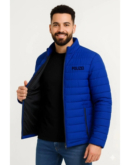 Erkek Mikro Su İtici Kapitone Baskılı Astarlı Fermuarlı Bomber Mont - Saks Mavisi