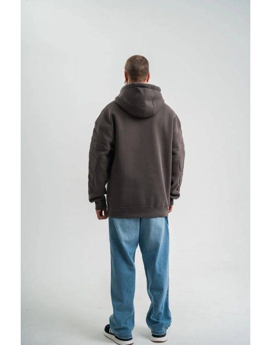 Erkek Nakış İşlemeli Kapşonlu Antrasit Sweatshirt Üç İplik Double Oversize- Füme