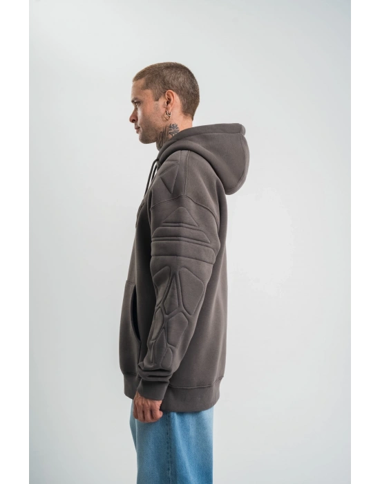 Erkek Nakış İşlemeli Kapşonlu Antrasit Sweatshirt Üç İplik Double Oversize- Füme