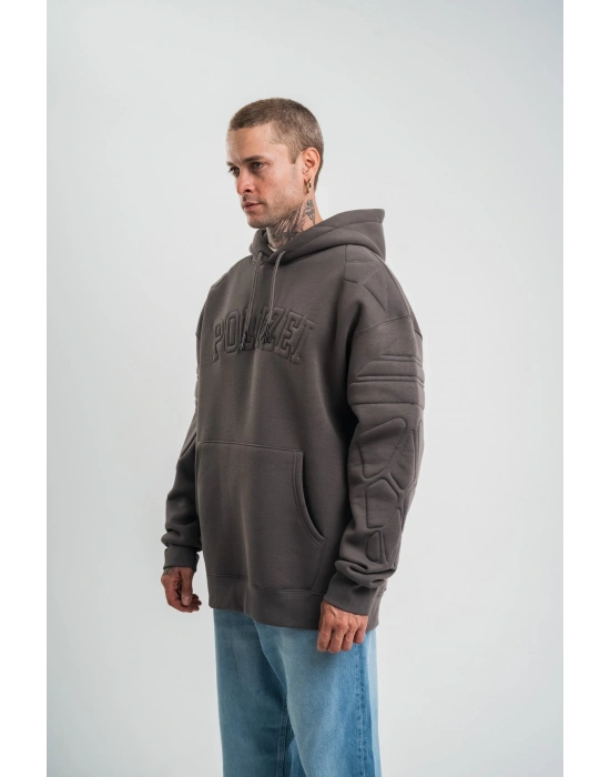 Erkek Nakış İşlemeli Kapşonlu Antrasit Sweatshirt Üç İplik Double Oversize- Füme