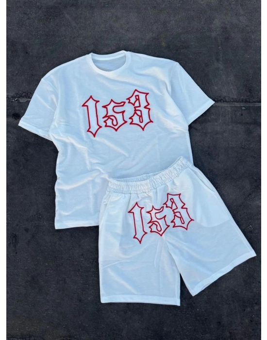 Erkek Nakış İşlemeli Şortlu Takım - Beyaz