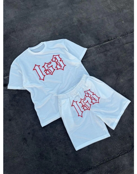 Erkek Nakış İşlemeli Şortlu Takım - Beyaz