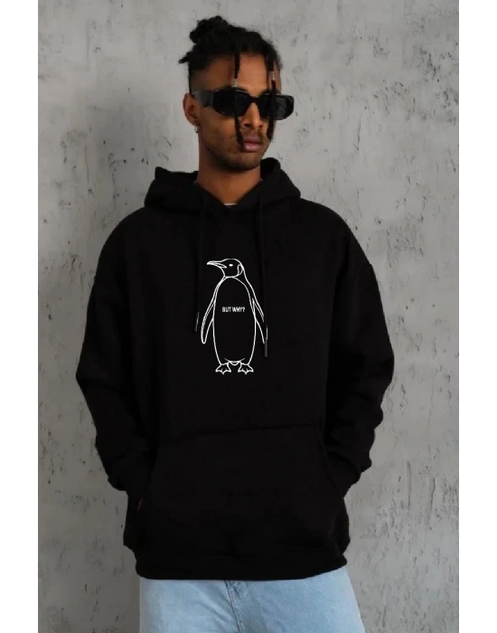 Erkek Nihilist Penguen Özel Tasarım Oversize Kapüşonlu Sweatshirt - Siyah
