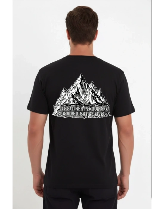 Erkek Nihilist Penguen Temalı Oversize Bisiklet Yaka Tişört - Siyah