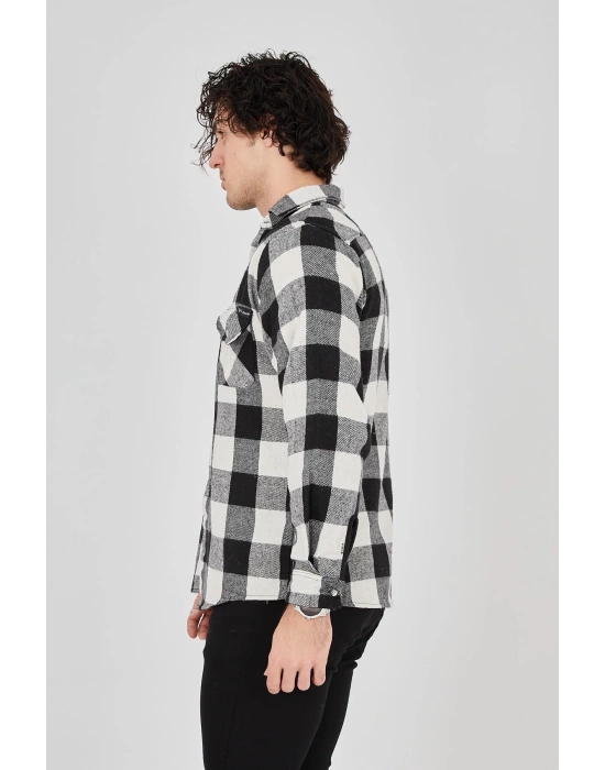 Erkek Oduncu Gömlek – Uzun Kollu, Şardonlu Kumaş, Kareli Desen, Regular Fit, Manşetli, Çift Cepli, Rahat Günlük Bahar & Kış Stil - Siyah