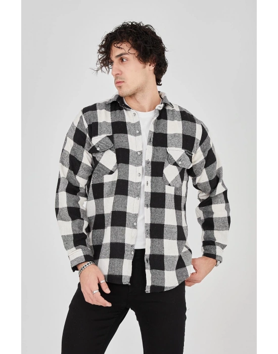 Erkek Oduncu Gömlek – Uzun Kollu, Şardonlu Kumaş, Kareli Desen, Regular Fit, Manşetli, Çift Cepli, Rahat Günlük Bahar & Kış Stil - Siyah