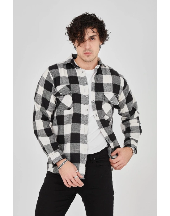 Erkek Oduncu Gömlek – Uzun Kollu, Şardonlu Kumaş, Kareli Desen, Regular Fit, Manşetli, Çift Cepli, Rahat Günlük Bahar & Kış Stil - Siyah