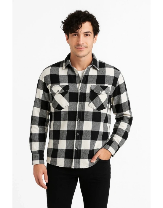 Erkek Oduncu Gömlek – Uzun Kollu, Şardonlu Kumaş, Kareli Desen, Regular Fit, Manşetli, Çift Cepli, Rahat Günlük Bahar & Kış Stil - Siyah