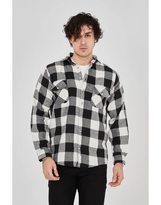 Erkek Oduncu Gömlek – Uzun Kollu, Şardonlu Kumaş, Kareli Desen, Regular Fit, Manşetli, Çift Cepli, Rahat Günlük Bahar & Kış Stil - Siyah