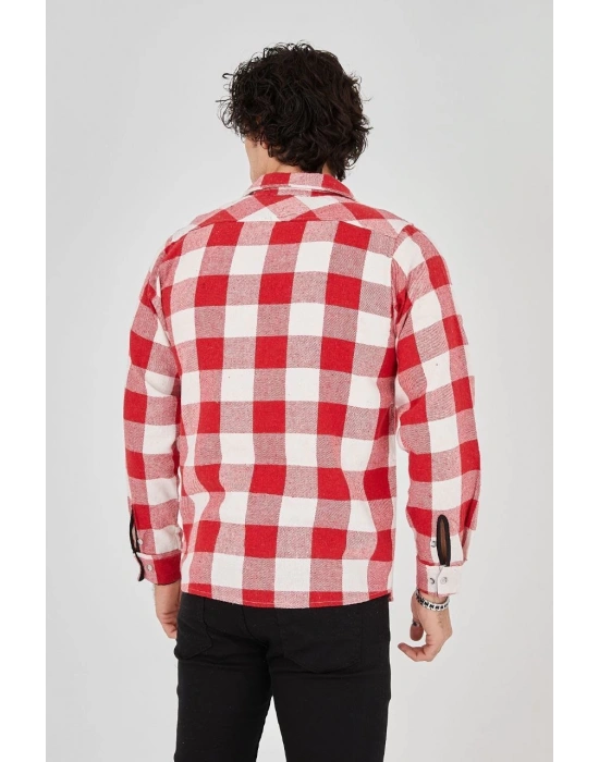 Erkek Oduncu Gömlek – Uzun Kollu, Şardonlu Kumaş, Kareli Desen, Regular Fit, Manşetli, Çift Cepli, Rahat Günlük Bahar & Kış Stil - Kırmızı