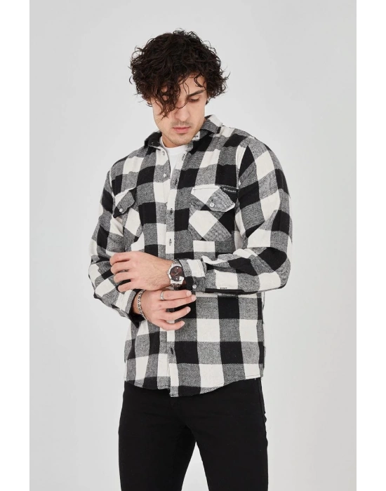 Erkek Oduncu Gömlek – Uzun Kollu, Şardonlu Kumaş, Kareli Desen, Regular Fit, Manşetli, Çift Cepli, Rahat Günlük Bahar & Kış Stil - Siyah