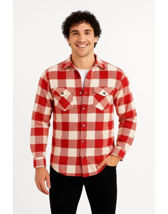 Erkek Oduncu Gömlek – Uzun Kollu, Şardonlu Kumaş, Kareli Desen, Regular Fit, Manşetli, Çift Cepli, Rahat Günlük Bahar & Kış Stil - Kırmızı