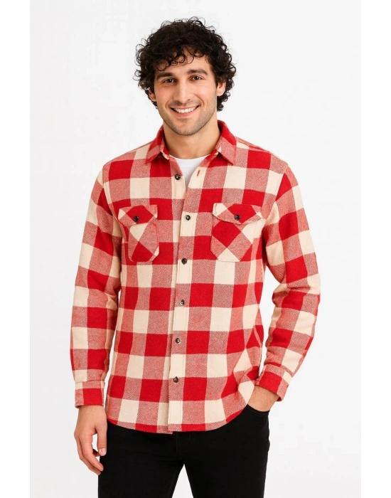 Erkek Oduncu Gömlek – Uzun Kollu, Şardonlu Kumaş, Kareli Desen, Regular Fit, Manşetli, Çift Cepli, Rahat Günlük Bahar & Kış Stil - Kırmızı
