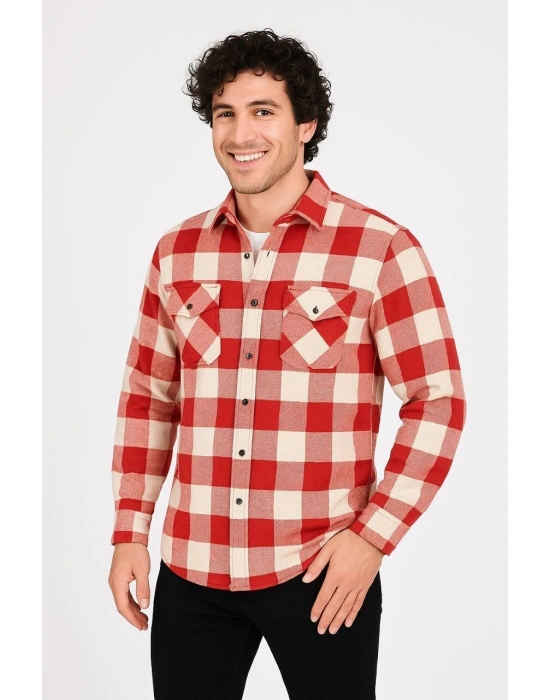 Erkek Oduncu Gömlek – Uzun Kollu, Şardonlu Kumaş, Kareli Desen, Regular Fit, Manşetli, Çift Cepli, Rahat Günlük Bahar & Kış Stil - Kırmızı