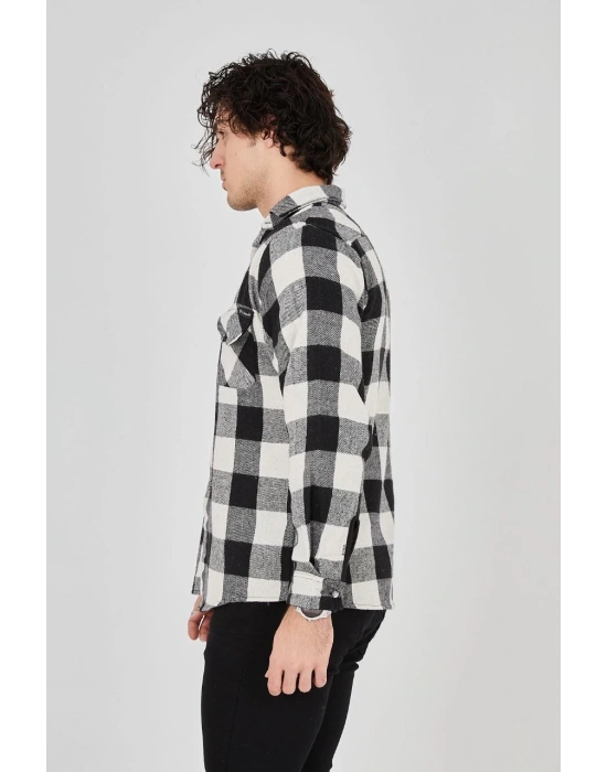 Erkek Oduncu Gömlek – Uzun Kollu, Şardonlu Kumaş, Kareli Desen, Regular Fit, Manşetli, Çift Cepli, Rahat Günlük Bahar & Kış Stil - Siyah