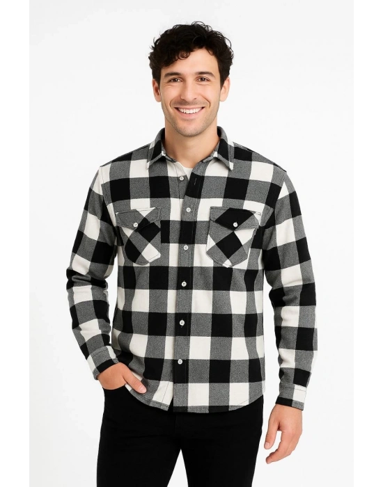 Erkek Oduncu Gömlek – Uzun Kollu, Şardonlu Kumaş, Kareli Desen, Regular Fit, Manşetli, Çift Cepli, Rahat Günlük Bahar & Kış Stil - Siyah