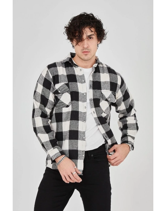 Erkek Oduncu Gömlek – Uzun Kollu, Şardonlu Kumaş, Kareli Desen, Regular Fit, Manşetli, Çift Cepli, Rahat Günlük Bahar & Kış Stil - Siyah