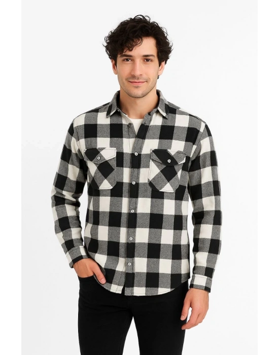 Erkek Oduncu Gömlek – Uzun Kollu, Şardonlu Kumaş, Kareli Desen, Regular Fit, Manşetli, Çift Cepli, Rahat Günlük Bahar & Kış Stil - Siyah