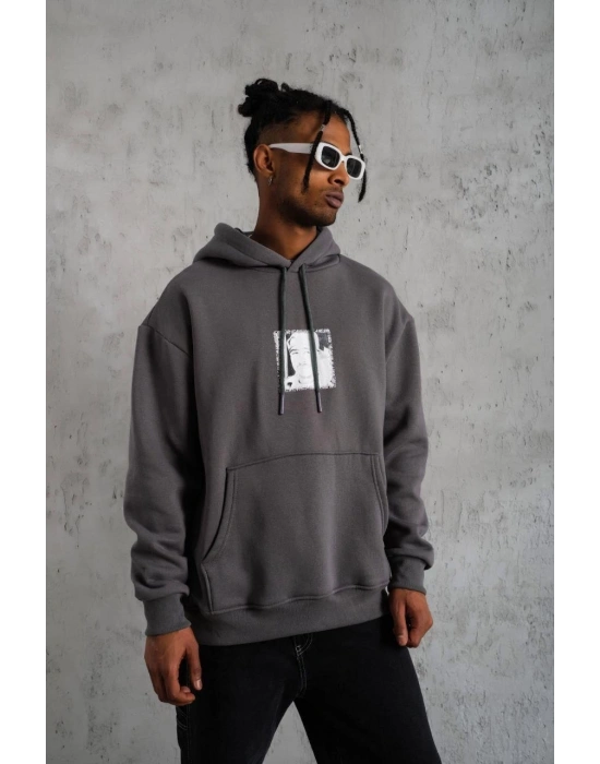 Erkek Ön Arka Baskılı Kapşonlu Sweat - Gri