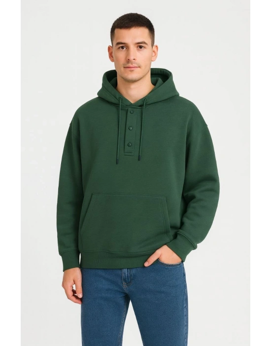 Erkek Ovarsize Kapüşonlu Swetshirt Kanguru Çepli Cıtcıtlı 3 iplik Şardonlu Hoodie - Haki