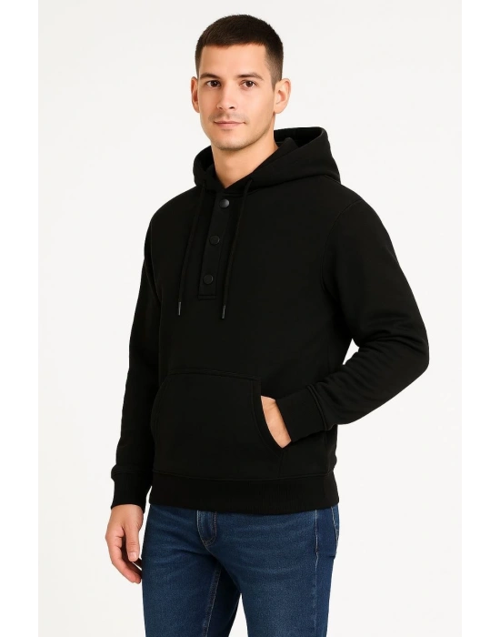 Erkek Ovarsize Kapüşonlu Swetshirt Kanguru Çepli Cıtcıtlı 3 iplik Şardonlu Hoodie - Siyah