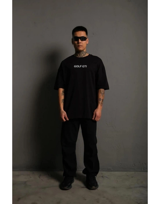 Erkek Oversize Baskılı Tişört – Golf GTI Retro Araba Desenli, Ön & Arka Dijital Baskı, Sokak Modası Stil - Siyah