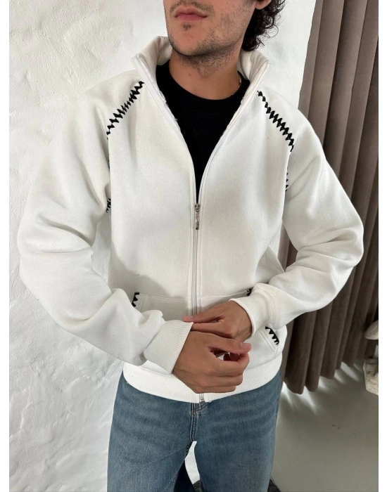 Erkek Oversize Dik Yaka Fermuarlı Sweatshirt - Zincir Nakışli Kanguru Cepli - Beyaz