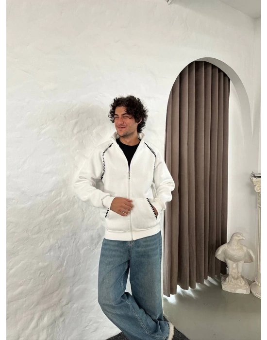 Erkek Oversize Dik Yaka Fermuarlı Sweatshirt - Zincir Nakışli Kanguru Cepli - Beyaz