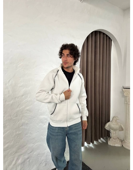 Erkek Oversize Dik Yaka Fermuarlı Sweatshirt - Zincir Nakışli Kanguru Cepli - Beyaz
