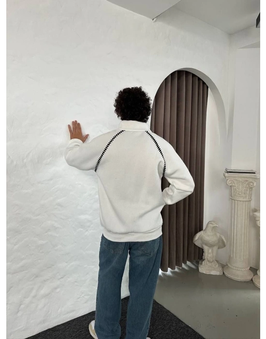 Erkek Oversize Dik Yaka Fermuarlı Sweatshirt - Zincir Nakışli Kanguru Cepli - Beyaz