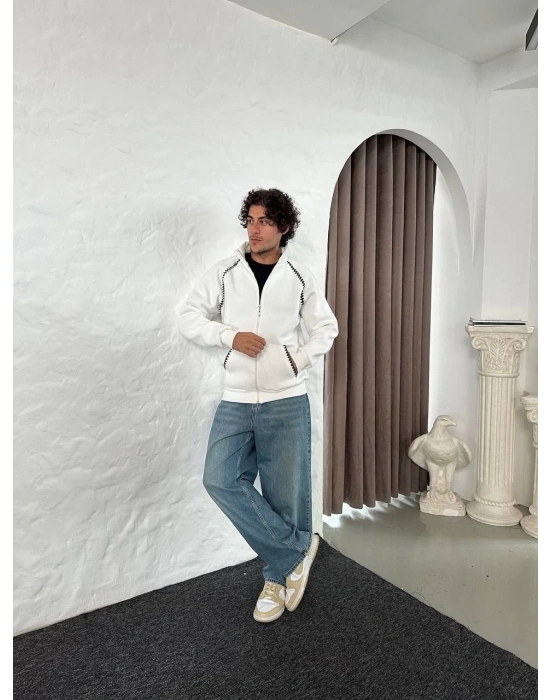 Erkek Oversize Dik Yaka Fermuarlı Sweatshirt - Zincir Nakışli Kanguru Cepli - Beyaz